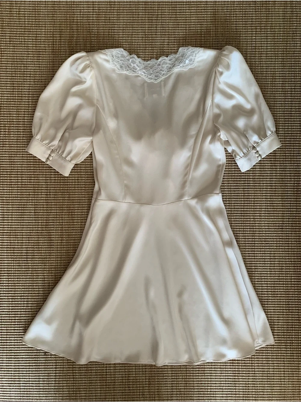 Reformation Avin Lace Silky Satin Ribbon Bow Short Puff Sleeve Mini Dress Cream - Picture 5 of 7
